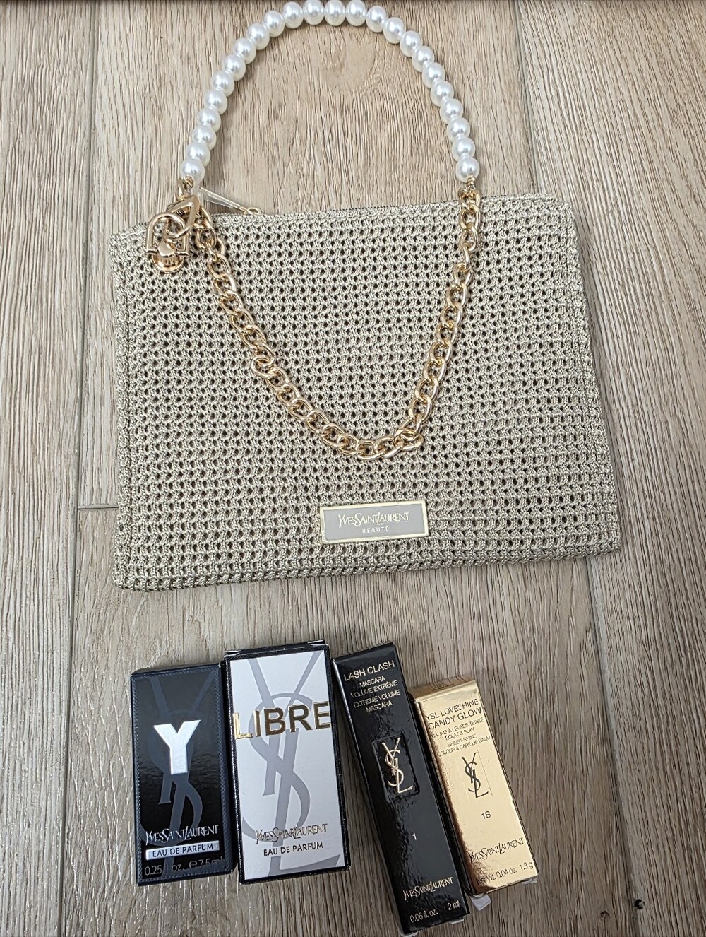 Ysl Small Clutch Biege Crochet Pouch Zip Bag + 4 Minis Gift W Chain Pearl Strap